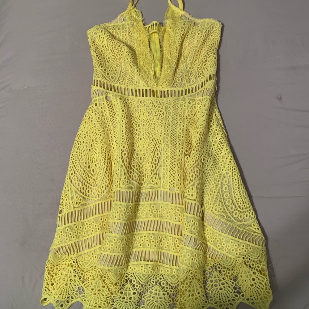 Yellow crochet lace plunge straps skater dress